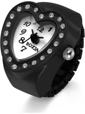Unisex Black Analog Quartz Easy Read Adjustable Modern Heart Finger Ring Watch